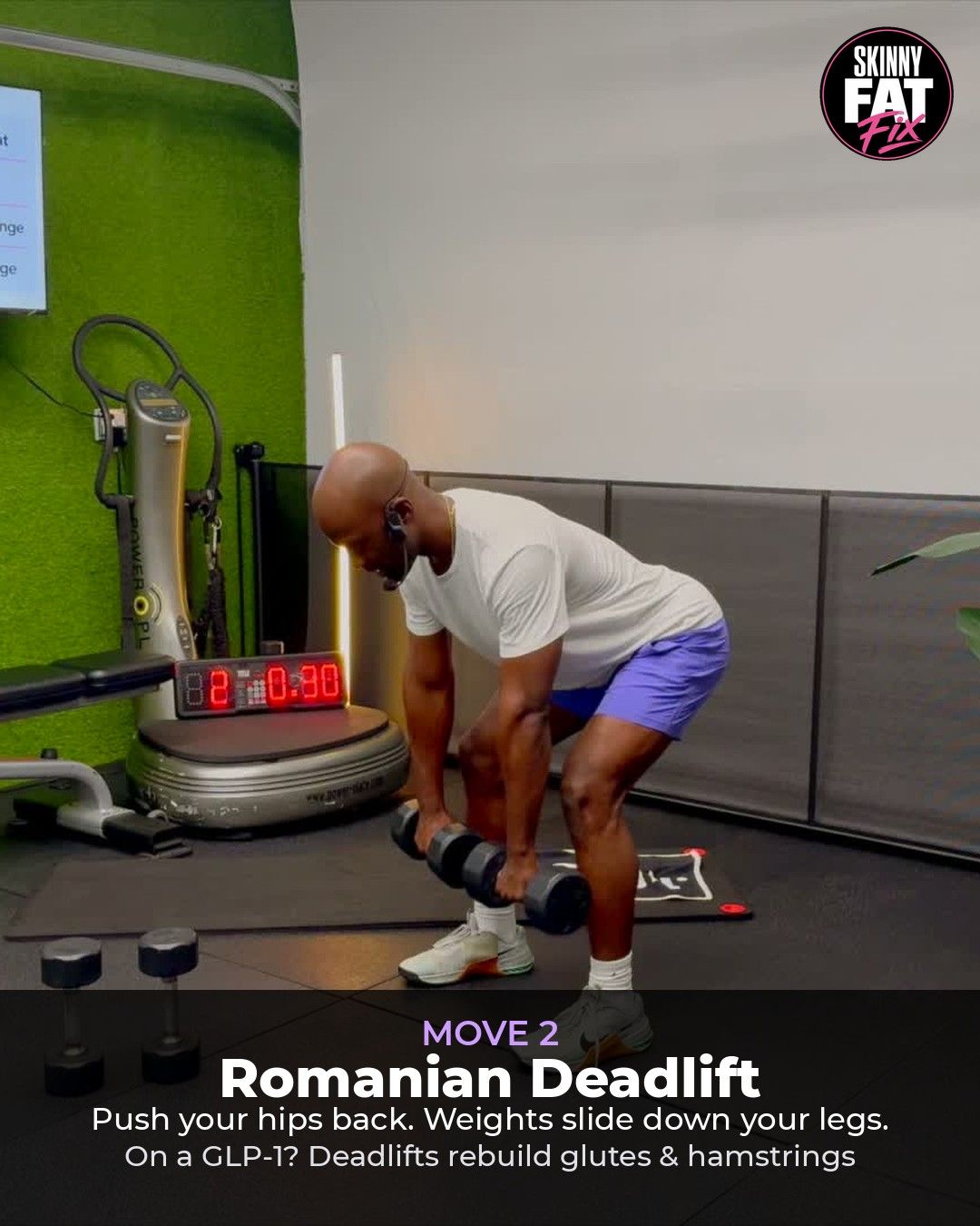 Coach RJ demonstrating the Romanian deadlift with dumbbells