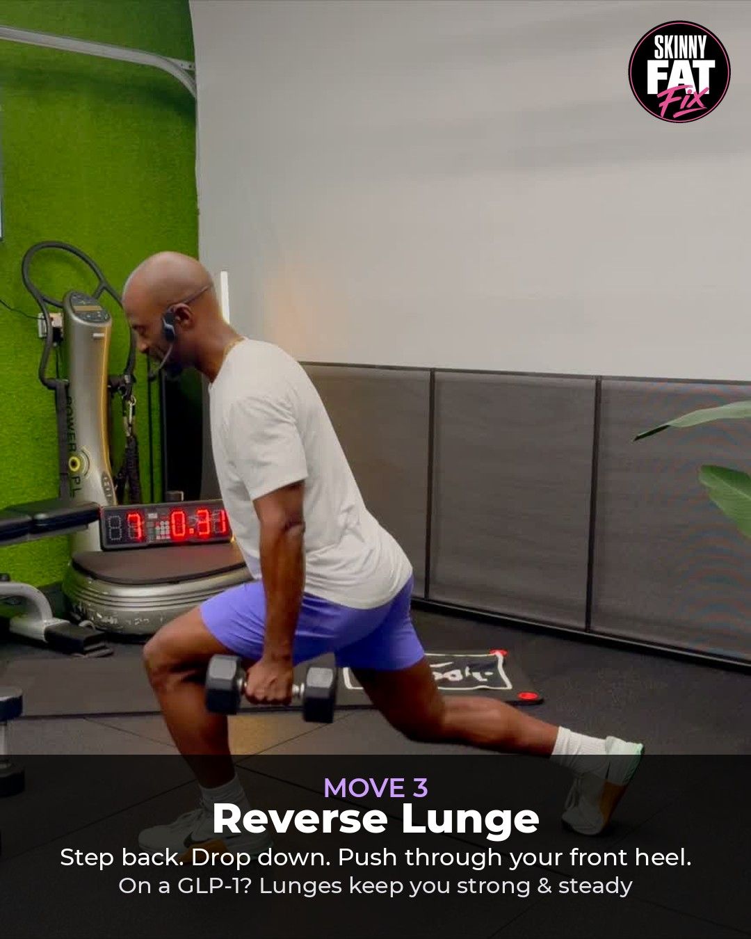 Coach RJ demonstrating the reverse lunge with dumbbells